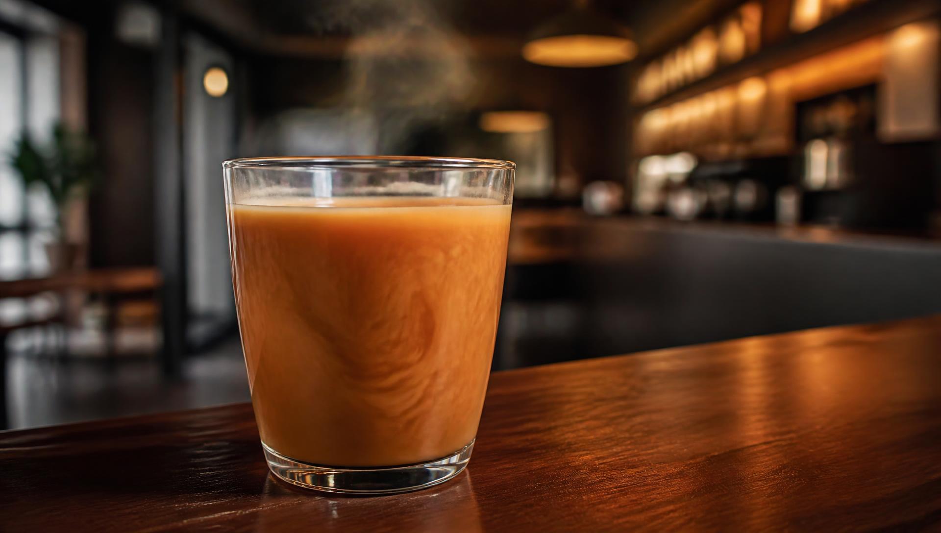 Freshly poured karak tea in a glass on a cafe counter