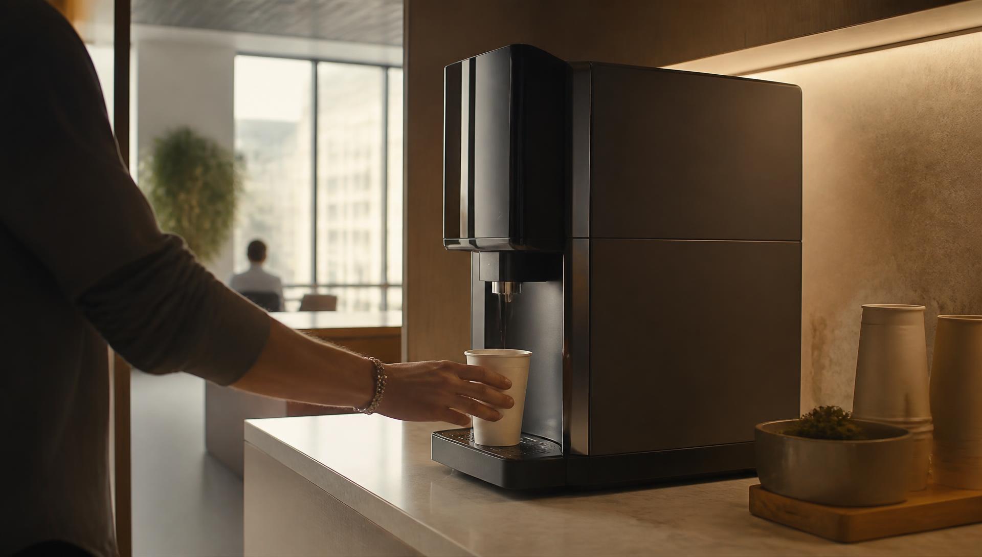Cafe Desire beverage machine dispensing a cup in a modern office pantry