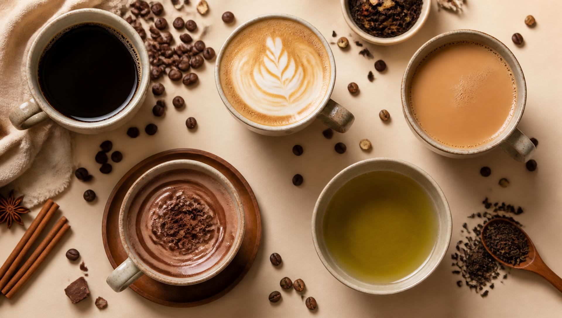 Overhead view of coffee, latte, karak, hot chocolate and green tea