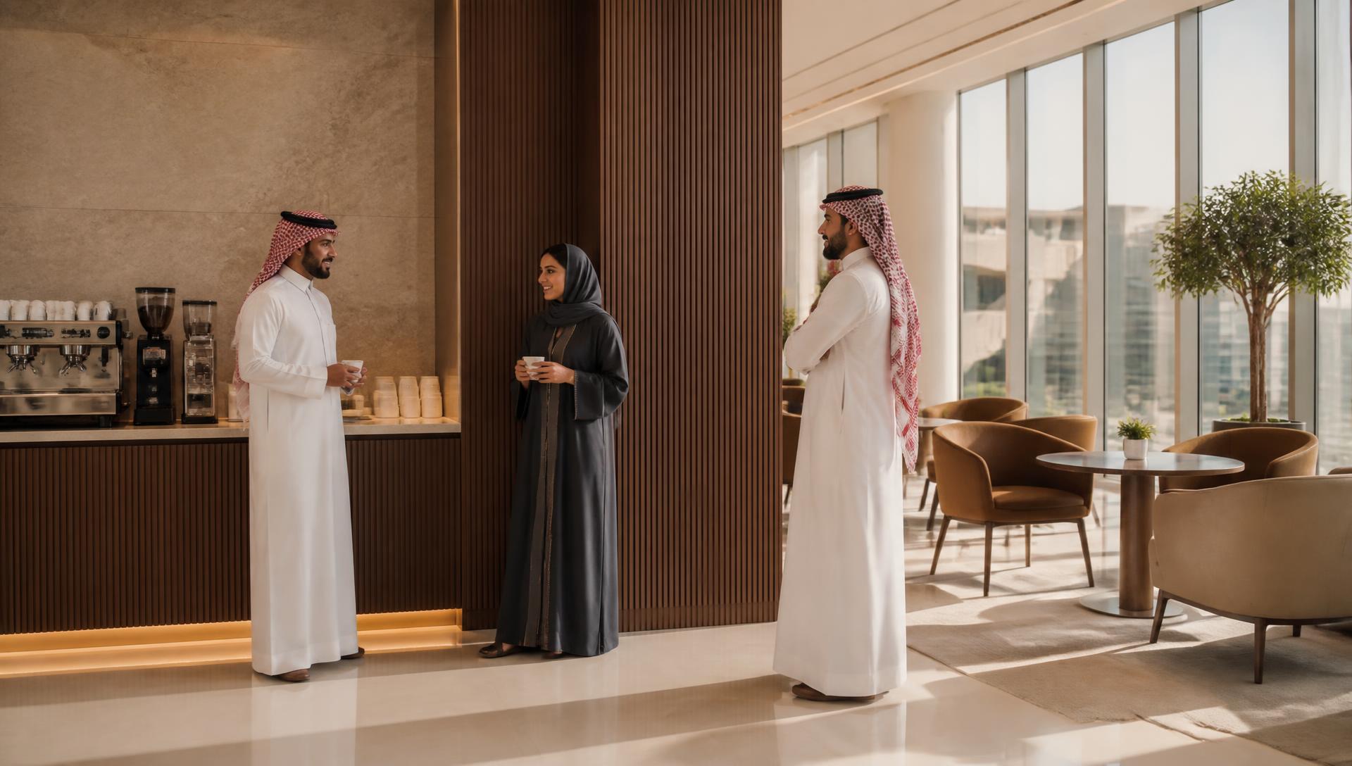 Colleagues with coffee in a modern Saudi office break area