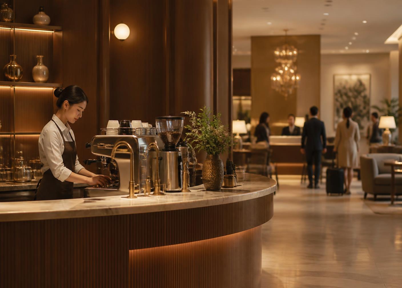 Beverage counter in a modern hotel lobby serving hot drinks to guests